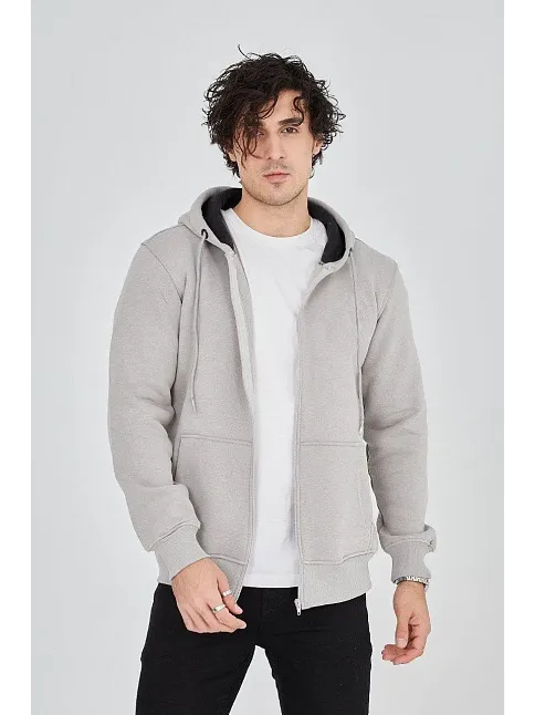 Erkek 3 İplik Pamuklu Fermuarlı Kapüşonlu Kanguru Cepli Hoodie Hırka Sweatshirt - Boyalı Gri