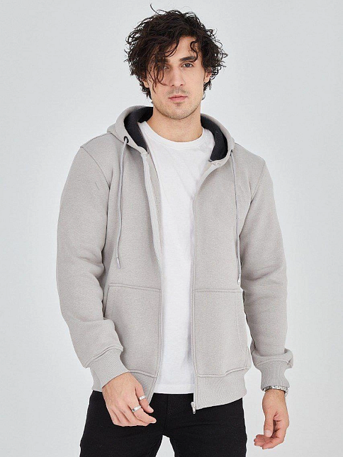 Erkek 3 İplik Pamuklu Fermuarlı Kapüşonlu Kanguru Cepli Hoodie Hırka Sweatshirt - Boyalı Gri