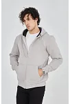 Erkek 3 İplik Pamuklu Fermuarlı Kapüşonlu Kanguru Cepli Hoodie Hırka Sweatshirt - Boyalı Gri