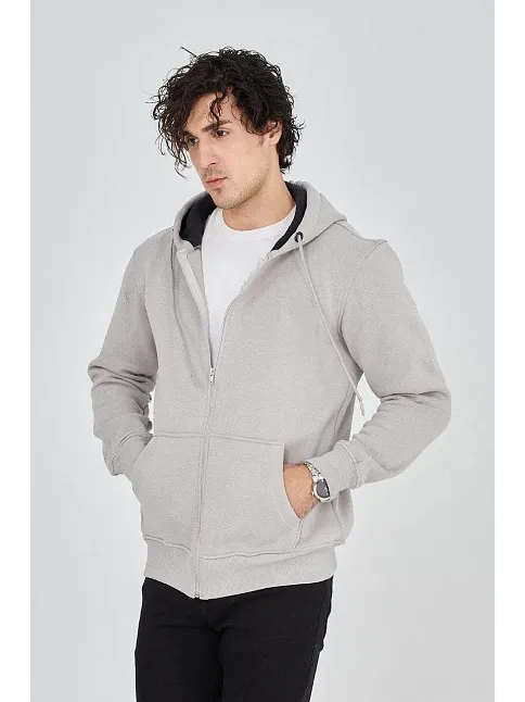 Erkek 3 İplik Pamuklu Fermuarlı Kapüşonlu Kanguru Cepli Hoodie Hırka Sweatshirt - Boyalı Gri