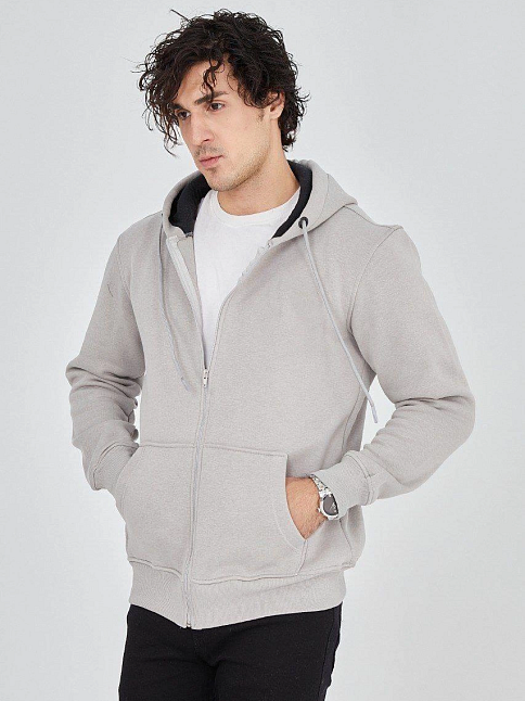 Erkek 3 İplik Pamuklu Fermuarlı Kapüşonlu Kanguru Cepli Hoodie Hırka Sweatshirt - Boyalı Gri