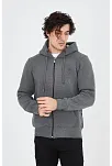 Erkek 3 İplik Pamuklu Fermuarlı Kapüşonlu Kanguru Cepli Hoodie Hırka Sweatshirt - Füme