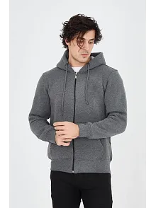 Erkek 3 İplik Pamuklu Fermuarlı Kapüşonlu Kanguru Cepli Hoodie Hırka Sweatshirt - Füme