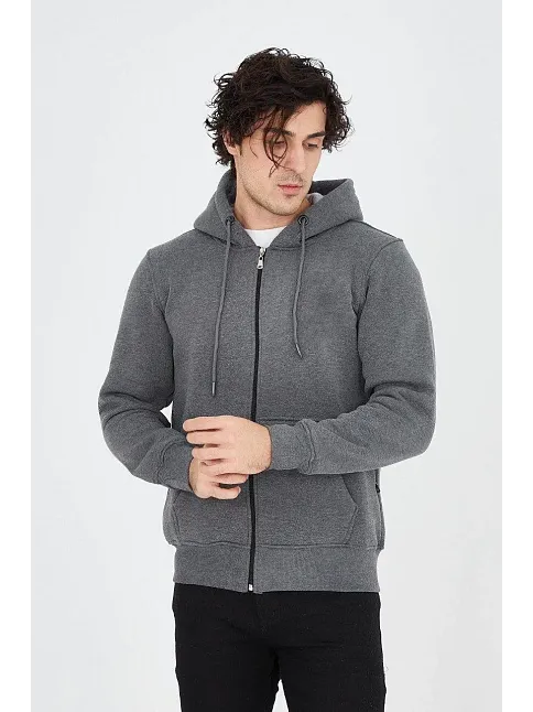 Erkek 3 İplik Pamuklu Fermuarlı Kapüşonlu Kanguru Cepli Hoodie Hırka Sweatshirt - Füme