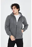 Erkek 3 İplik Pamuklu Fermuarlı Kapüşonlu Kanguru Cepli Hoodie Hırka Sweatshirt - Füme