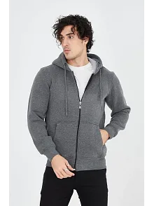 Erkek 3 İplik Pamuklu Fermuarlı Kapüşonlu Kanguru Cepli Hoodie Hırka Sweatshirt - Füme