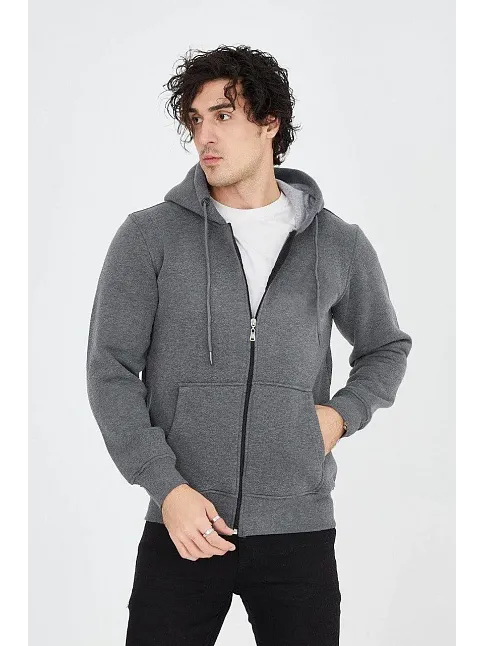 Erkek 3 İplik Pamuklu Fermuarlı Kapüşonlu Kanguru Cepli Hoodie Hırka Sweatshirt - Füme