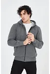 Erkek 3 İplik Pamuklu Fermuarlı Kapüşonlu Kanguru Cepli Hoodie Hırka Sweatshirt - Füme