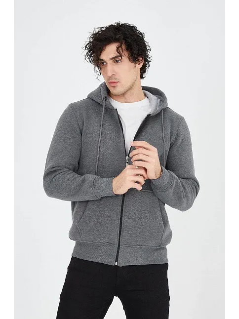 Erkek 3 İplik Pamuklu Fermuarlı Kapüşonlu Kanguru Cepli Hoodie Hırka Sweatshirt - Füme