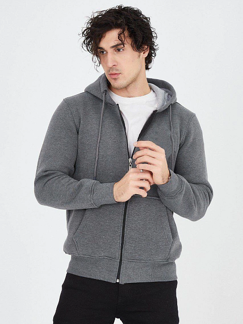Erkek 3 İplik Pamuklu Fermuarlı Kapüşonlu Kanguru Cepli Hoodie Hırka Sweatshirt - Füme