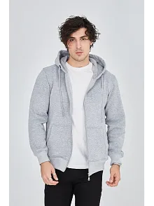Erkek 3 İplik Pamuklu Fermuarlı Kapüşonlu Kanguru Cepli Hoodie Hırka Sweatshirt - Gri