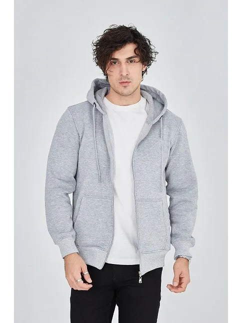 Erkek 3 İplik Pamuklu Fermuarlı Kapüşonlu Kanguru Cepli Hoodie Hırka Sweatshirt - Gri