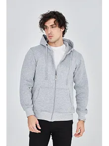Erkek 3 İplik Pamuklu Fermuarlı Kapüşonlu Kanguru Cepli Hoodie Hırka Sweatshirt - Gri