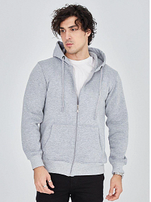Erkek 3 İplik Pamuklu Fermuarlı Kapüşonlu Kanguru Cepli Hoodie Hırka Sweatshirt - Gri