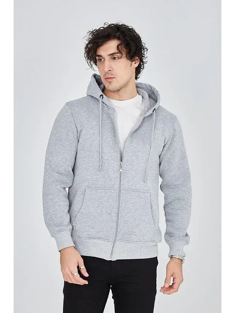 Erkek 3 İplik Pamuklu Fermuarlı Kapüşonlu Kanguru Cepli Hoodie Hırka Sweatshirt - Gri