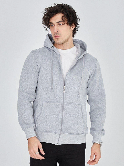 Erkek 3 İplik Pamuklu Fermuarlı Kapüşonlu Kanguru Cepli Hoodie Hırka Sweatshirt - Gri