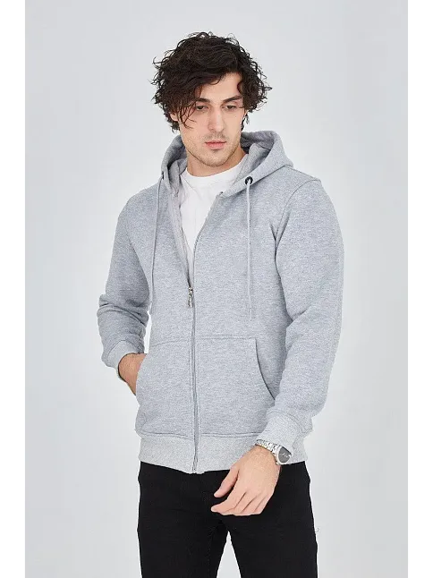Erkek 3 İplik Pamuklu Fermuarlı Kapüşonlu Kanguru Cepli Hoodie Hırka Sweatshirt - Gri