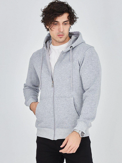 Erkek 3 İplik Pamuklu Fermuarlı Kapüşonlu Kanguru Cepli Hoodie Hırka Sweatshirt - Gri