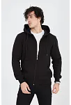 Erkek 3 İplik Pamuklu Fermuarlı Kapüşonlu Kanguru Cepli Hoodie Hırka Sweatshirt - Siyah