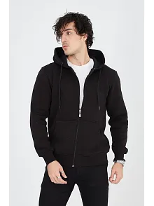 Erkek 3 İplik Pamuklu Fermuarlı Kapüşonlu Kanguru Cepli Hoodie Hırka Sweatshirt - Siyah