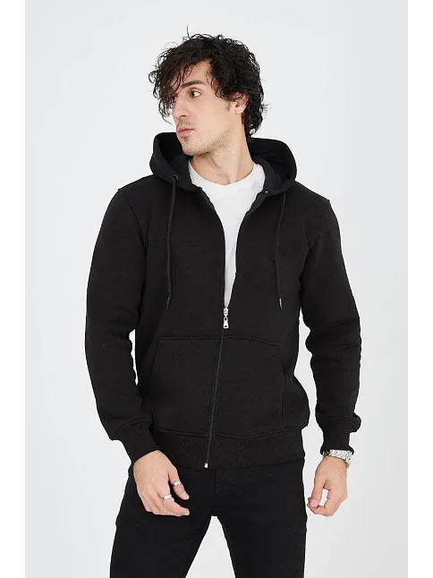 Erkek 3 İplik Pamuklu Fermuarlı Kapüşonlu Kanguru Cepli Hoodie Hırka Sweatshirt - Siyah