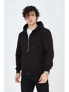 Erkek 3 İplik Pamuklu Fermuarlı Kapüşonlu Kanguru Cepli Hoodie Hırka Sweatshirt - Siyah