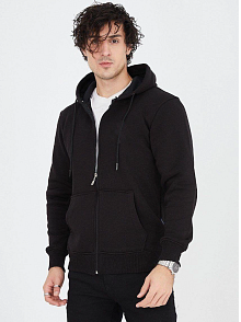 Erkek 3 İplik Pamuklu Fermuarlı Kapüşonlu Kanguru Cepli Hoodie Hırka Sweatshirt - Siyah