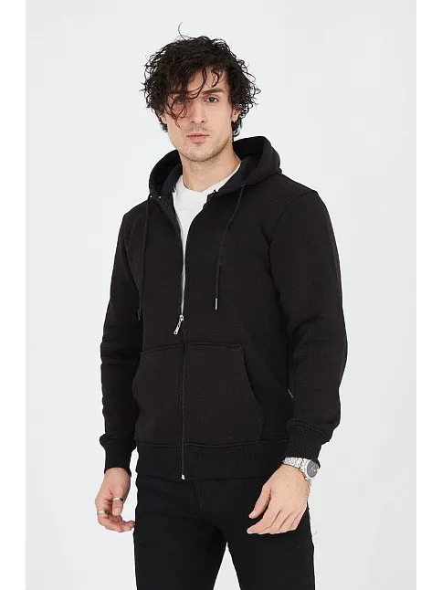 Erkek 3 İplik Pamuklu Fermuarlı Kapüşonlu Kanguru Cepli Hoodie Hırka Sweatshirt - Siyah