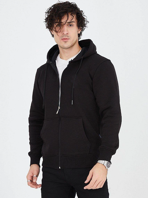 Erkek 3 İplik Pamuklu Fermuarlı Kapüşonlu Kanguru Cepli Hoodie Hırka Sweatshirt - Siyah