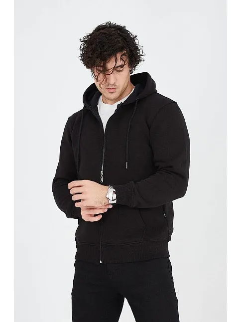 Erkek 3 İplik Pamuklu Fermuarlı Kapüşonlu Kanguru Cepli Hoodie Hırka Sweatshirt - Siyah