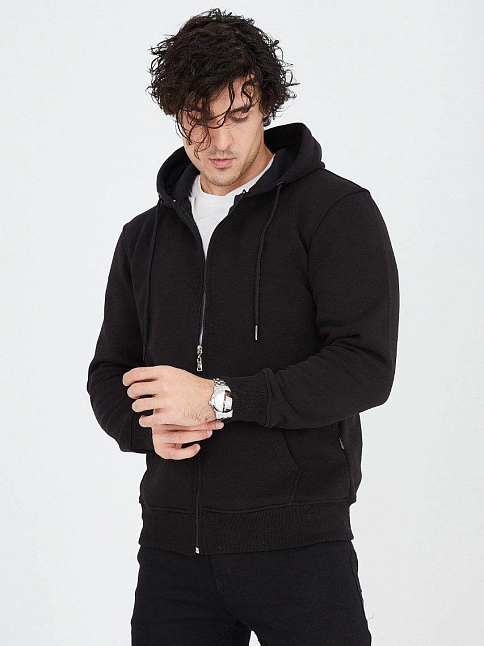 Erkek 3 İplik Pamuklu Fermuarlı Kapüşonlu Kanguru Cepli Hoodie Hırka Sweatshirt - Siyah
