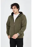 Erkek 3 İplik Pamuklu Fermuarlı Kapüşonlu Kanguru Cepli Hoodie Hırka Sweatshirt - Yeşil