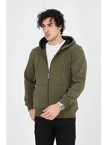 Erkek 3 İplik Pamuklu Fermuarlı Kapüşonlu Kanguru Cepli Hoodie Hırka Sweatshirt - Yeşil