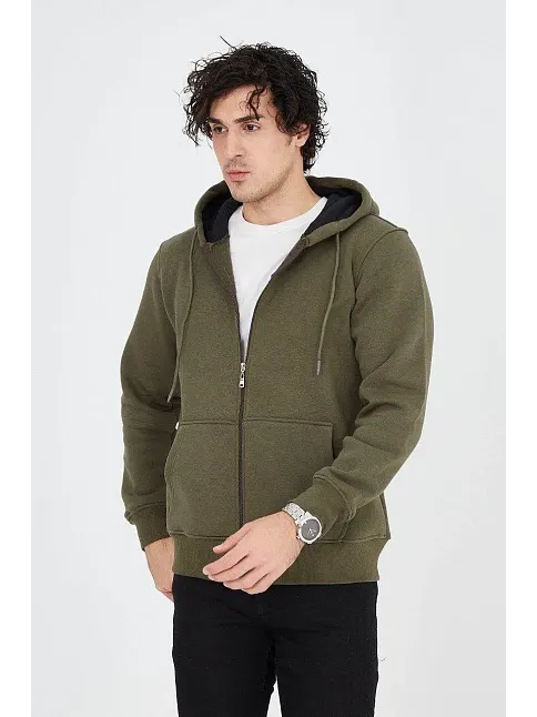 Erkek 3 İplik Pamuklu Fermuarlı Kapüşonlu Kanguru Cepli Hoodie Hırka Sweatshirt - Yeşil
