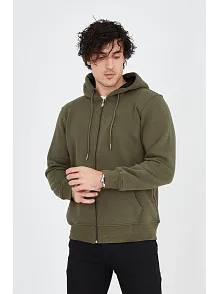 Erkek 3 İplik Pamuklu Fermuarlı Kapüşonlu Kanguru Cepli Hoodie Hırka Sweatshirt - Yeşil