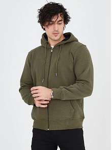 Erkek 3 İplik Pamuklu Fermuarlı Kapüşonlu Kanguru Cepli Hoodie Hırka Sweatshirt - Yeşil