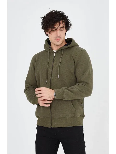 Erkek 3 İplik Pamuklu Fermuarlı Kapüşonlu Kanguru Cepli Hoodie Hırka Sweatshirt - Yeşil