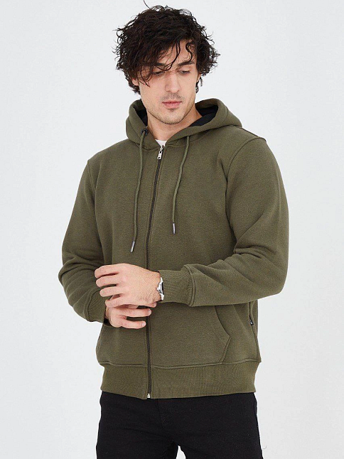 Erkek 3 İplik Pamuklu Fermuarlı Kapüşonlu Kanguru Cepli Hoodie Hırka Sweatshirt - Yeşil