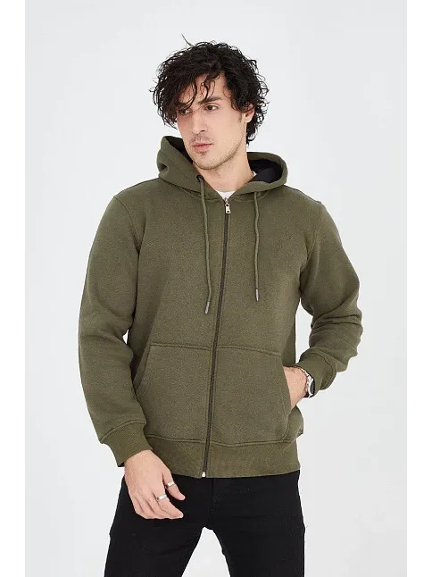 Erkek 3 İplik Pamuklu Fermuarlı Kapüşonlu Kanguru Cepli Hoodie Hırka Sweatshirt - Yeşil