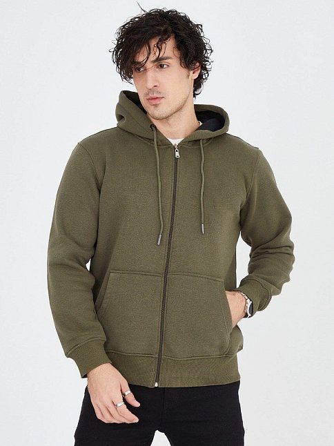 Erkek 3 İplik Pamuklu Fermuarlı Kapüşonlu Kanguru Cepli Hoodie Hırka Sweatshirt - Yeşil