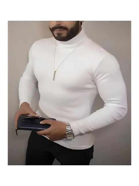 Erkek Kaşkorse Boğazlı Full Likralı Fitilli Body Kazak - Beyaz