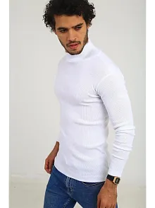 Erkek Kaşkorse Boğazlı Full Likralı Fitilli Body Kazak - Beyaz