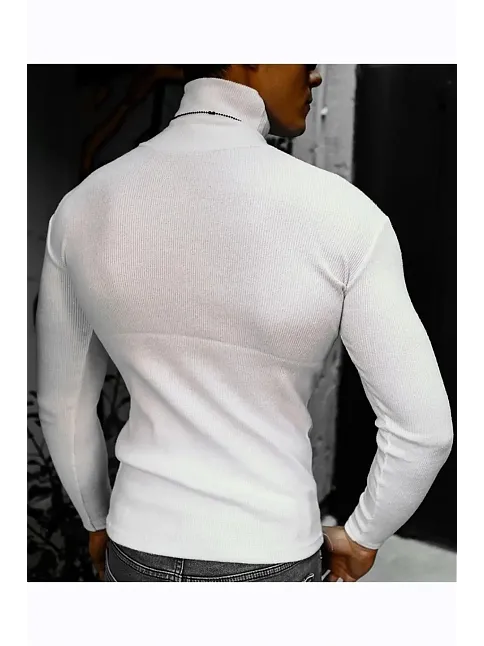 Erkek Kaşkorse Boğazlı Full Likralı Fitilli Body Kazak - Beyaz