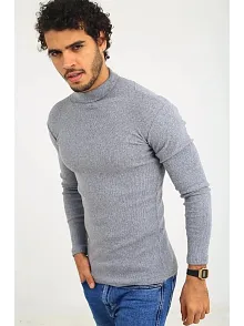 Erkek Kaşkorse Boğazlı Full Likralı Fitilli Body Kazak - Gri