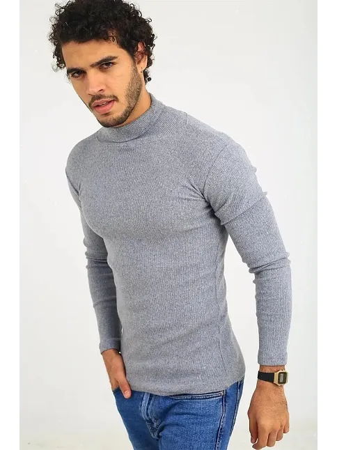 Erkek Kaşkorse Boğazlı Full Likralı Fitilli Body Kazak - Gri