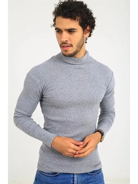 Erkek Kaşkorse Boğazlı Full Likralı Fitilli Body Kazak - Gri