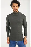 Erkek Kaşkorse Boğazlı Full Likralı Fitilli Body Kazak - Haki
