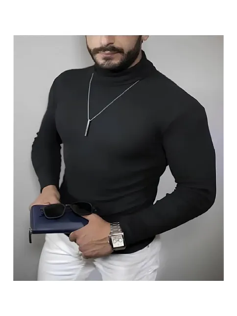 Erkek Kaşkorse Boğazlı Full Likralı Fitilli Body Kazak - Siyah