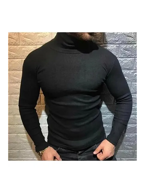 Erkek Kaşkorse Boğazlı Full Likralı Fitilli Body Kazak - Siyah