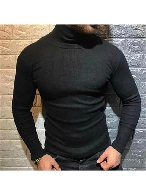 Erkek Kaşkorse Boğazlı Full Likralı Fitilli Body Kazak - Siyah